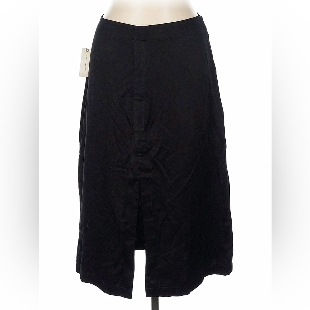 Anthropologie Front Slit Midi Black Satin Skirt NWT